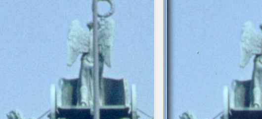 links das bearbeitete Bild in IrfanView, rechts dahinter die iSRD-Vorschau in HDR. In der HDR-Vorschau ist deutlich ein Geisterbild eines Staubkorns zu sehen, das im bearbeiteten Bild gut korrigiert wird.