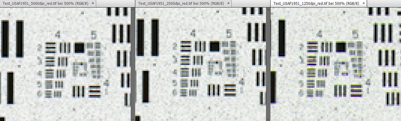 Links der 5000dpi Ausgangsscan, Mitte der 2500dpi Ausgangsscan, beide auf 1250dpi heruntergerechnet, rechts der Scan mit 1250dpi.