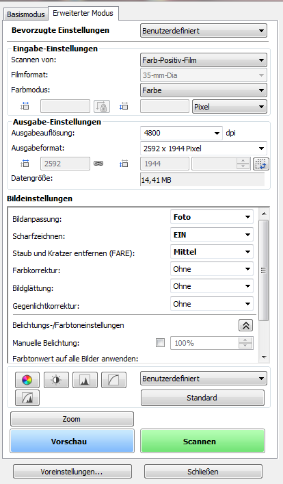 Scaneinstellung mit 2592 pixeln und Qualität hoch