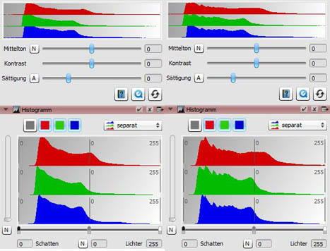 Links ohne ICC-Profil, rechts mit ICC-Profil. Im oberen Teil sind die Ausgabe-Histogramme, unten die Eingabe-Histogramme dargestellt (SilverFast)