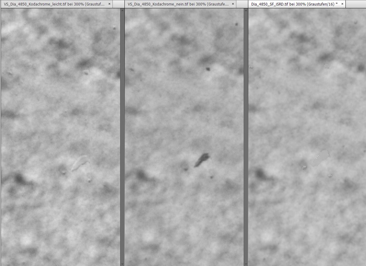 Staub-korrigierte Bilder: links VueScan (Einstellung leicht), Mitte IR-Bild, rechts SilverFast