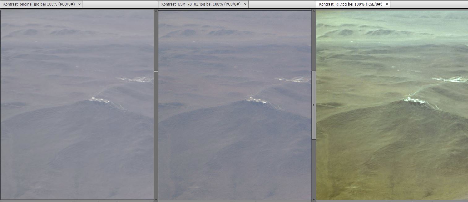 Luftaufnahme durch Dunst: links Original, Mitte USM, rechts Schatten- und Lichterpunkte pro Kanal angepasst.