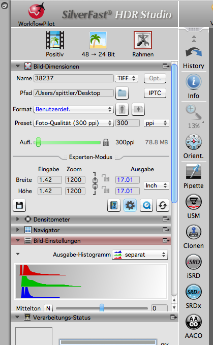 Histogramm der 48bit-Datei mit aktuellem SF