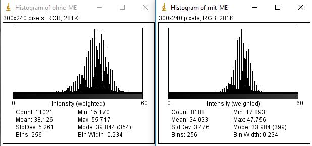 Histogramm im dunklen Bereich rechts oben. Links mit ME, rechts ohne ME