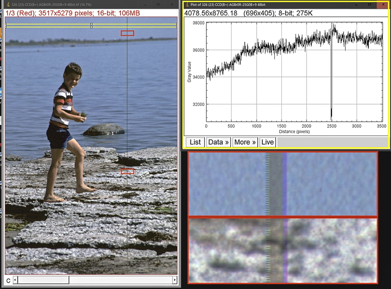 Links ist das gesamte Bild zu sehen. Ein deutlich vertikaler Strich (in Scanrichtung) zieht durch das Bild. Rechts oben findet sich ein Helligkeitsprofil aus dem gelben Rechteck. Unten sind 2 Vergrösserungen an den rot markierten Stellen. Der gezackte linke Rand ist durch den 2-zeiligen CCD bedingt.