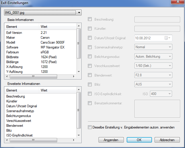 Exif Einstellungen