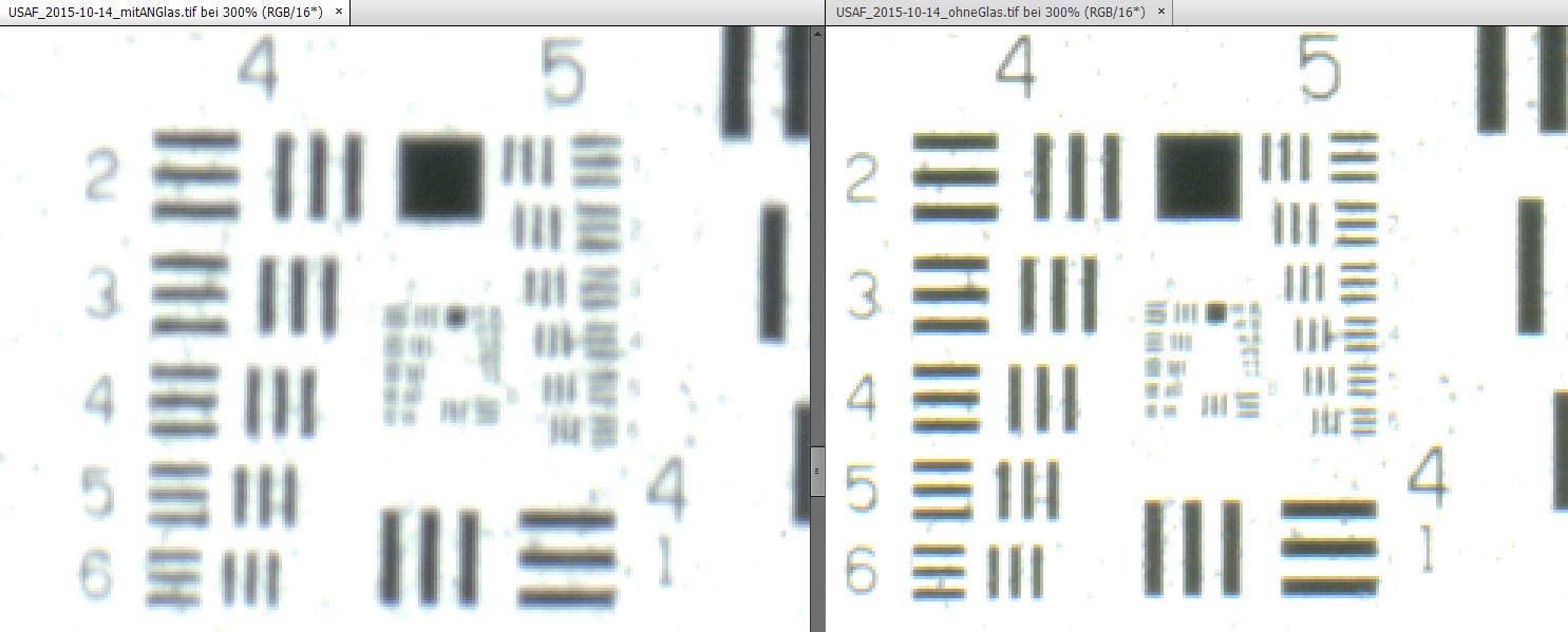 Farbbild: links mit ANGlas, rechts ohne Glas